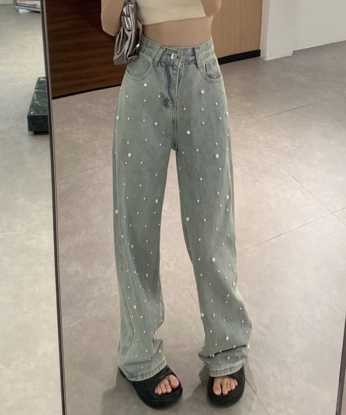 GLAMOROUS JANE(グラマラスジェーン)の「パールデニムストレートパンツ(デニムパンツ・レディース・ブルー・S/M/L)」の2枚目の写真