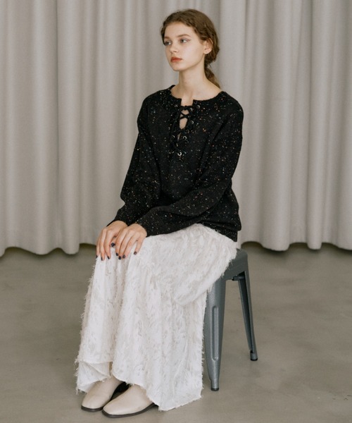 idem（イデム）の「popping shower 2way knit/ミックスカラー編み上げリボンニット（Tシャツ/カットソー・レディース・ブラック/アイボリー・FREE）」の16枚目の写真