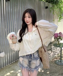 韓国テイスト クロップド丈フード付き ダブルジップファスナー使いブルゾン