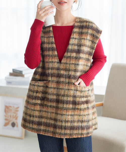 KOBE LETTUCE（コウベレタス）の「Vネックシャギーロングベスト（ベスト・レディース・ブラウン系その他/ブラック系その他/グレー/スミクロ・M）」の4枚目の写真