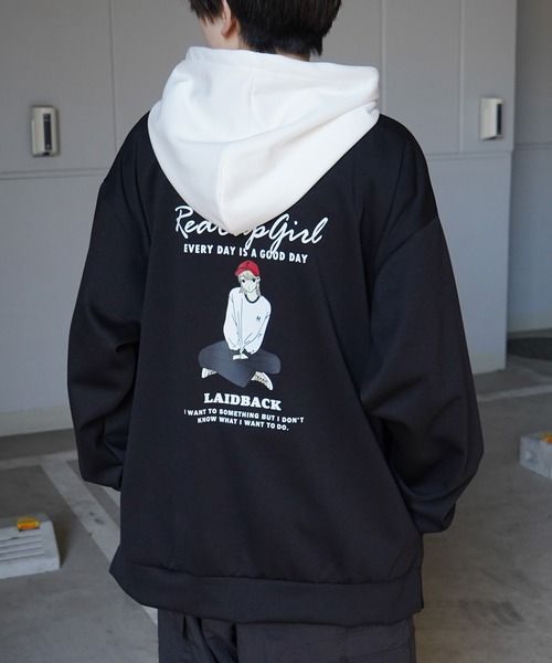 Red Cap Girl(レッドキャプガール)の「新柄追加【RED CAP GIRL】ビッグシルエット とろみポンチ 落ち感ドレープ 配色フード バックプリント ダンボールニットプルオーバーパーカー(パーカー・メンズ・ホワイト/ベージュ/ブルー/ブラック/ブラック系その他/ブルー系その他/ホワイト系その他/グレー系その他・L/M)」の4枚目の写真