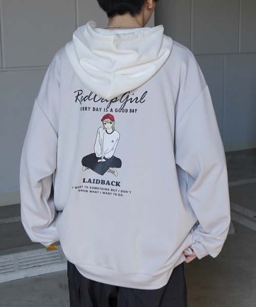 Red Cap Girl(レッドキャプガール)の「新柄追加【RED CAP GIRL】ビッグシルエット とろみポンチ 落ち感ドレープ 配色フード バックプリント ダンボールニットプルオーバーパーカー(パーカー・メンズ・ホワイト/ベージュ/ブルー/ブラック/ブラック系その他/ブルー系その他/ホワイト系その他/グレー系その他・L/M)」の5枚目の写真