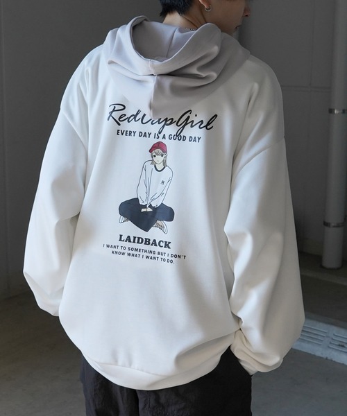Red Cap Girl(レッドキャプガール)の「新柄追加【RED CAP GIRL】ビッグシルエット とろみポンチ 落ち感ドレープ 配色フード バックプリント ダンボールニットプルオーバーパーカー(パーカー・メンズ・ホワイト/ベージュ/ブルー/ブラック/ブラック系その他/ブルー系その他/ホワイト系その他/グレー系その他・L/M)」の13枚目の写真