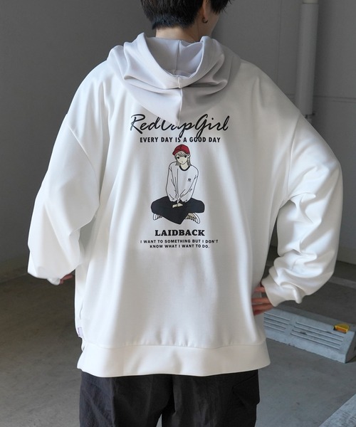 Red Cap Girl(レッドキャプガール)の「新柄追加【RED CAP GIRL】ビッグシルエット とろみポンチ 落ち感ドレープ 配色フード バックプリント ダンボールニットプルオーバーパーカー(パーカー・メンズ・ホワイト/ベージュ/ブルー/ブラック/ブラック系その他/ブルー系その他/ホワイト系その他/グレー系その他・L/M)」の14枚目の写真