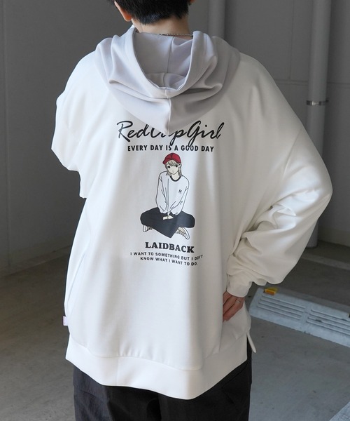 Red Cap Girl(レッドキャプガール)の「新柄追加【RED CAP GIRL】ビッグシルエット とろみポンチ 落ち感ドレープ 配色フード バックプリント ダンボールニットプルオーバーパーカー(パーカー・メンズ・ホワイト/ベージュ/ブルー/ブラック/ブラック系その他/ブルー系その他/ホワイト系その他/グレー系その他・L/M)」の15枚目の写真