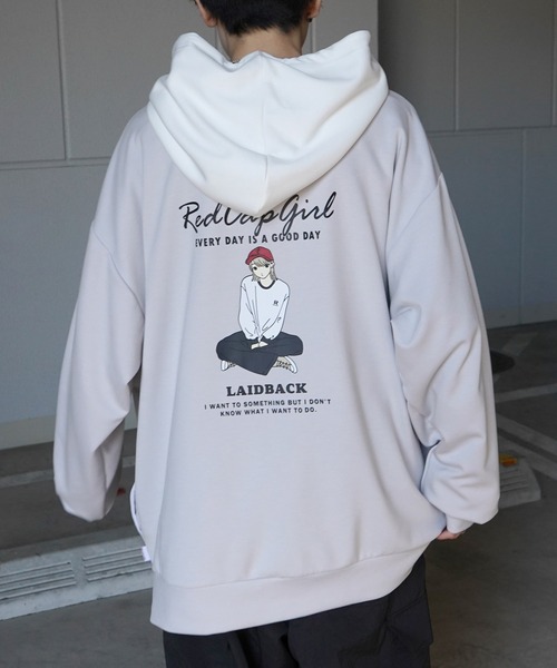 Red Cap Girl(レッドキャプガール)の「新柄追加【RED CAP GIRL】ビッグシルエット とろみポンチ 落ち感ドレープ 配色フード バックプリント ダンボールニットプルオーバーパーカー(パーカー・メンズ・ホワイト/ベージュ/ブルー/ブラック/ブラック系その他/ブルー系その他/ホワイト系その他/グレー系その他・L/M)」の19枚目の写真