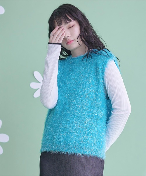 miette（ミエット）の「2wayリボンラメシャギーニットベスト（ベスト・レディース・ブラック/ブルー/ホワイト/ピンク・FREE）」の3枚目の写真