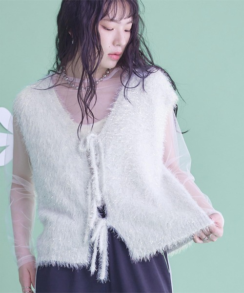 miette（ミエット）の「2wayリボンラメシャギーニットベスト（ベスト・レディース・ブラック/ブルー/ホワイト/ピンク・FREE）」の6枚目の写真