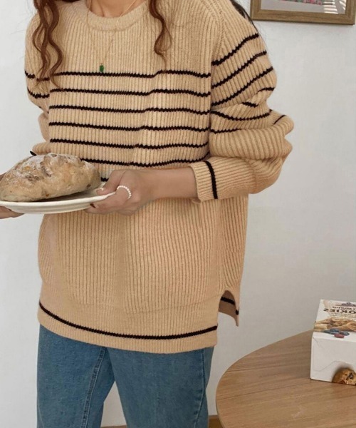 Miniministore(ミニミニストア)の「ボーダー柄ニットプルオーバー レディース(ニット/セーター・レディース・アイボリー/ネイビー/ベージュ・フリー)」の2枚目の写真