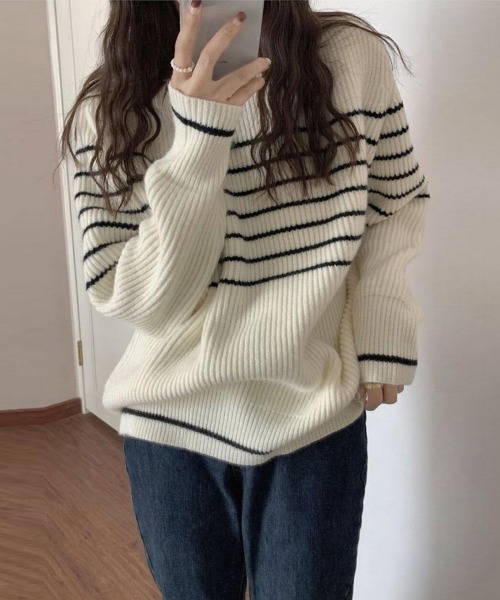 Miniministore(ミニミニストア)の「ボーダー柄ニットプルオーバー レディース(ニット/セーター・レディース・アイボリー/ネイビー/ベージュ・フリー)」の1枚目の写真