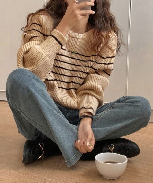 Miniministore(ミニミニストア)の「ボーダー柄ニットプルオーバー レディース(ニット/セーター・レディース・アイボリー/ネイビー/ベージュ・フリー)」の4枚目の写真