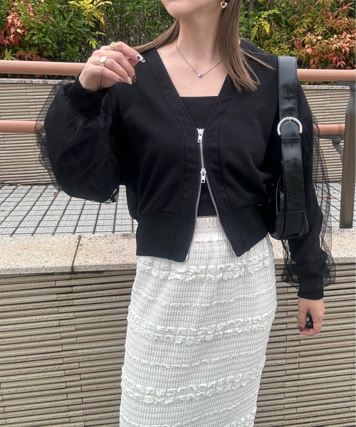 y/m by misato（イムバイミサト）の「裏毛×チュールZIPカーディガン（カーディガン/ボレロ・レディース・ライトグレー/ブラック・FREE）」の3枚目の写真