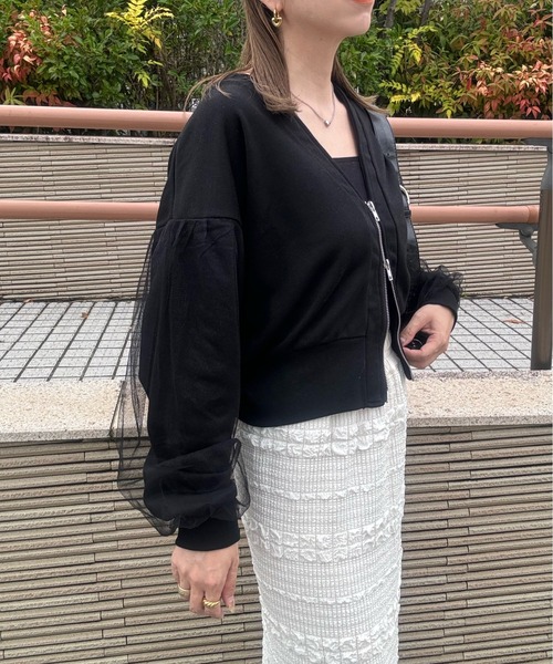 y/m by misato（イムバイミサト）の「裏毛×チュールZIPカーディガン（カーディガン/ボレロ・レディース・ライトグレー/ブラック・FREE）」の4枚目の写真