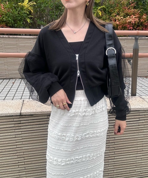 y/m by misato（イムバイミサト）の「裏毛×チュールZIPカーディガン（カーディガン/ボレロ・レディース・ライトグレー/ブラック・FREE）」の5枚目の写真