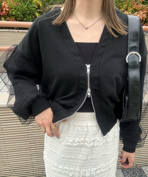 y/m by misato（イムバイミサト）の「裏毛×チュールZIPカーディガン（カーディガン/ボレロ・レディース・ライトグレー/ブラック・FREE）」の6枚目の写真