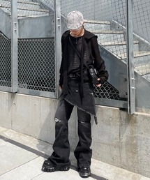 韓国ブランド I FEEL LUCKY アイフィールラッキー Denim Bootscut skirt pants レイヤードパンツ デニムパンツ ブーツカットデニムパンツ フレアデニムパンツ ダメージデニム ダメージジーンズ ジーパン 韓国ファッション 韓国 ストリート ストリートファッション