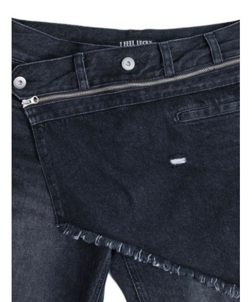 I FEEL LUCKY（アイフィールラッキー）の「韓国ブランド I FEEL LUCKY アイフィールラッキー Denim Bootscut skirt pants レイヤードパンツ デニムパンツ ブーツカットデニムパンツ フレアデニムパンツ ダメージデニム ダメージジーンズ ジーパン 韓国ファッション 韓国 ストリート ストリートファッション（デニムパンツ・メンズ・ブラック・S）」の8枚目の写真