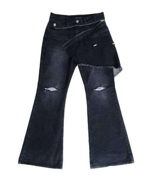 I FEEL LUCKY（アイフィールラッキー）の「韓国ブランド I FEEL LUCKY アイフィールラッキー Denim Bootscut skirt pants レイヤードパンツ デニムパンツ ブーツカットデニムパンツ フレアデニムパンツ ダメージデニム ダメージジーンズ ジーパン 韓国ファッション 韓国 ストリート ストリートファッション（デニムパンツ・メンズ・ブラック・S）」の6枚目の写真