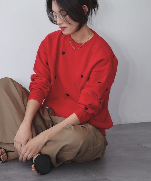 新色追加》ハート刺繍 ニット プルオーバー（ニット/セーター
