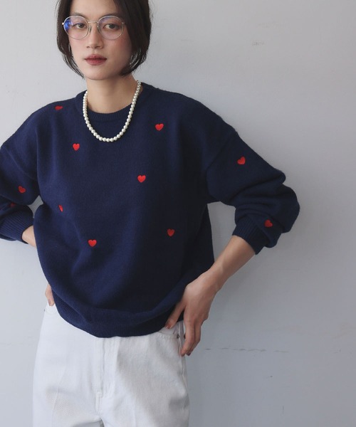 新色追加》ハート刺繍 ニット プルオーバー（ニット/セーター
