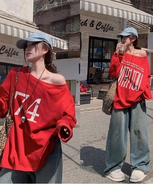 gossip！ロサンゼルス（ゴシップロサンゼルス）の「前後2WAYオーバー サイズオフショルダーグラフィックプリントシンプルカジュアルトップス（Tシャツ/カットソー・レディース・グレー/レッド・FREE/L）」の17枚目の写真