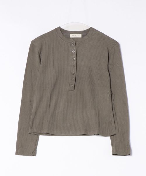 aimoha(アイモハ)の「ヘンリーネックリブトップス(Tシャツ/カットソー・レディース・ネイビー/ベージュ/ワインレッド/ホワイト/ブラック/グレー・FREE)」の4枚目の写真