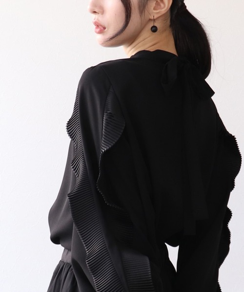 サイドフリルプリーツ袖バックリボンブラウス（シャツ/ブラウス