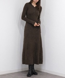 Reurie'（レウリィ）の「フロントボタンリブニットワンピース／front button rib knit onepiece 長袖 ロング丈 Vネック きれいめ シンプル モード カジュアル ブラウン ブラック メランジ（ワンピース）」