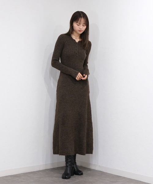 サイドボタンリブニットワンピース　ニット　ワンピース　ロング セール】フロントボタンリブニットワンピース／front button rib