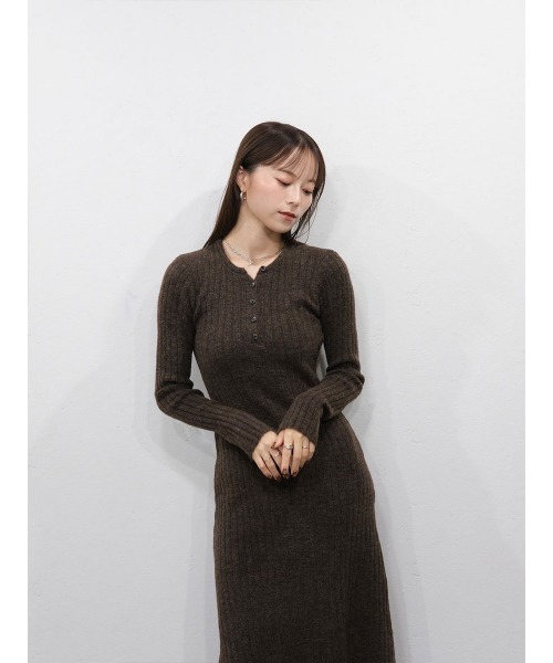 新品タグ付きNOBLE1.9万円リブニットサイドボタンワンピース ブラック セール】フロントボタンリブニットワンピース／front button rib