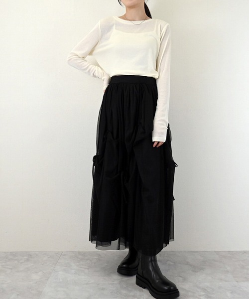 STYLEBLOCK(スタイルブロック)の「チュールリボン付きギャザースカート(スカート・レディース・ブラック/アイボリー/ピンク/グレー・M)」の3枚目の写真