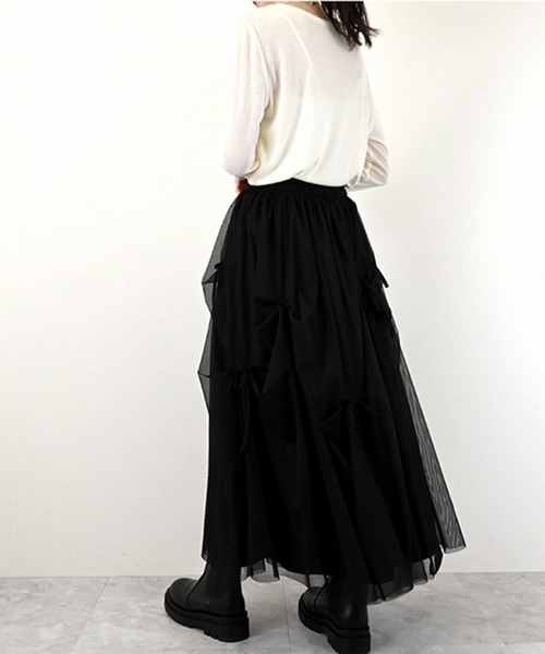 STYLEBLOCK(スタイルブロック)の「チュールリボン付きギャザースカート(スカート・レディース・ブラック/アイボリー/ピンク/グレー・M)」の8枚目の写真