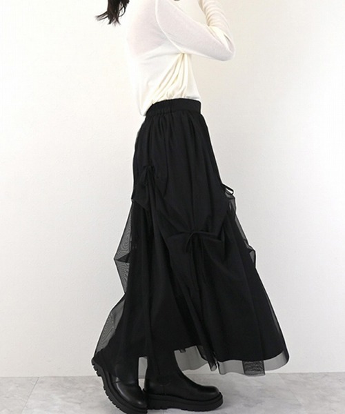 STYLEBLOCK(スタイルブロック)の「チュールリボン付きギャザースカート(スカート・レディース・ブラック/アイボリー/ピンク/グレー・M)」の9枚目の写真
