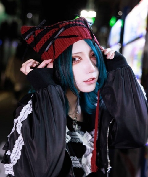 axes femme POETIQUE(アクシーズファムポエティック)の「猫耳サブカルニット帽(ニットキャップ/ビーニー・レディース・ホワイト/ワイン/ブラック・FREE)」の3枚目の写真