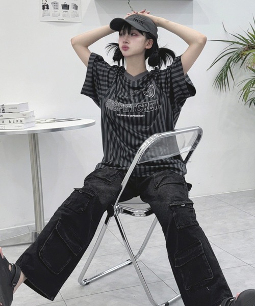 KsG（ケーエスジー）の「ストライプゲームシャツ（Tシャツ/カットソー・レディース・ホワイト/ブラック・SMALL/MEDIUM/LARGE）」の3枚目の写真