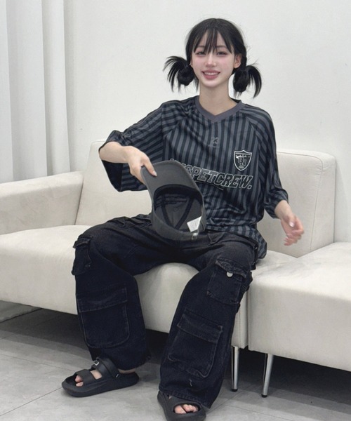 KsG（ケーエスジー）の「ストライプゲームシャツ（Tシャツ/カットソー・レディース・ホワイト/ブラック・SMALL/MEDIUM/LARGE）」の6枚目の写真