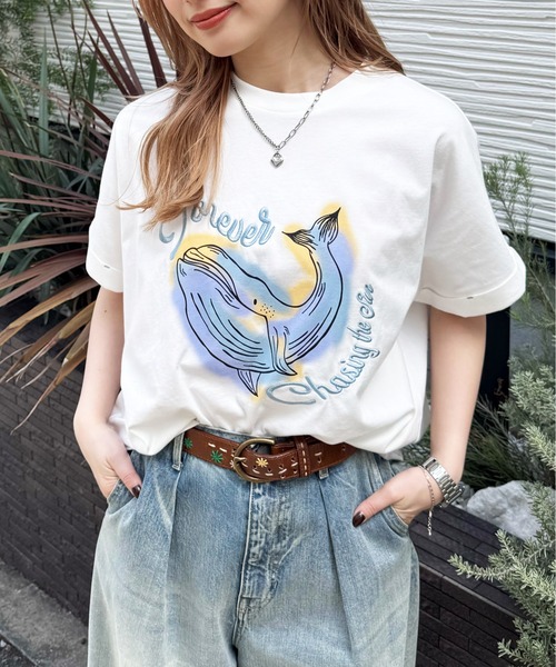 DOUBLE NAME(ダブルネーム)の「太陽を追いかけたいくじらゆるTEE(Tシャツ/カットソー・レディース・ブラック系その他/ブルー/オフホワイト・FREE)」の4枚目の写真