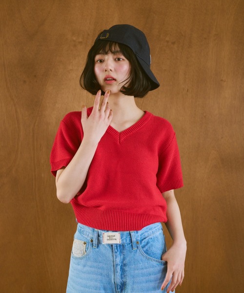 common gull products.(コモンガルプロダクツ)の「嗜む半袖ニット(ニット/セーター・レディース・レッド/杢グレー/イエロー・SMALL/MEDIUM/LARGE)」の1枚目の写真