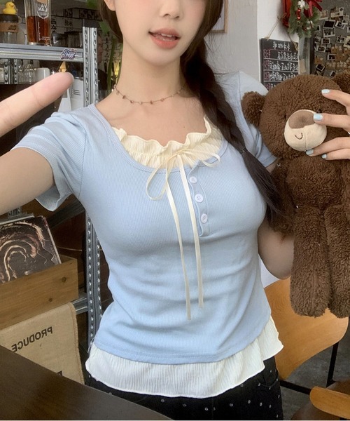 MAISON DE THERESE(メゾン ド テレーズ)の「ツーウェイデザインのレースリブ半袖Tシャツ(Tシャツ/カットソー・レディース・ブルー/グレー/ブラック・M/L/XL/S)」の13枚目の写真