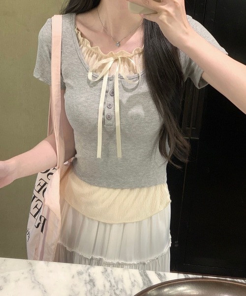 MAISON DE THERESE(メゾン ド テレーズ)の「ツーウェイデザインのレースリブ半袖Tシャツ(Tシャツ/カットソー・レディース・ブルー/グレー/ブラック・M/L/XL/S)」の7枚目の写真