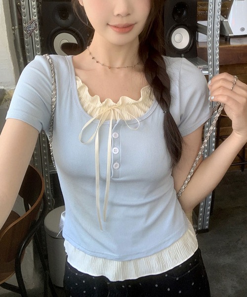 MAISON DE THERESE(メゾン ド テレーズ)の「ツーウェイデザインのレースリブ半袖Tシャツ(Tシャツ/カットソー・レディース・ブルー/グレー/ブラック・M/L/XL/S)」の11枚目の写真
