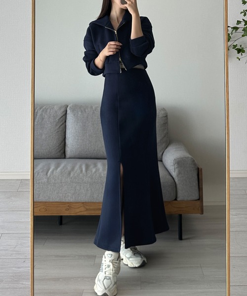 セール】裏起毛スウェットショートパーカー+スリットマーメイド