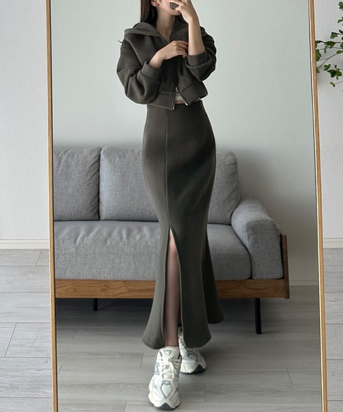 セール】裏起毛スウェットショートパーカー+スリットマーメイド