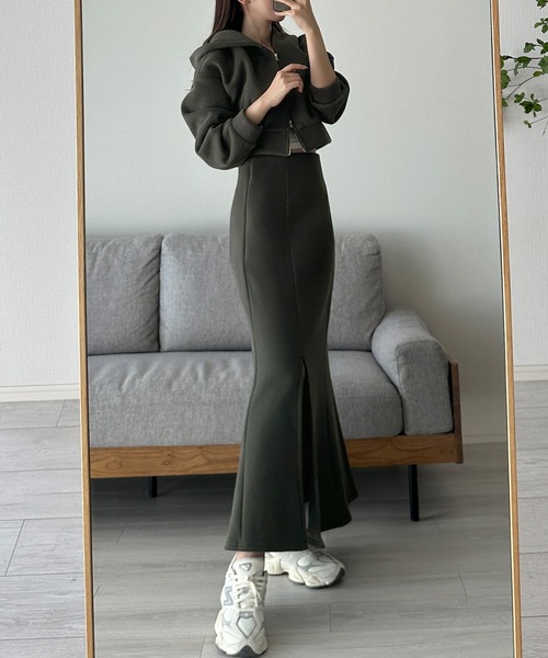 セール】裏起毛スウェットショートパーカー+スリットマーメイド