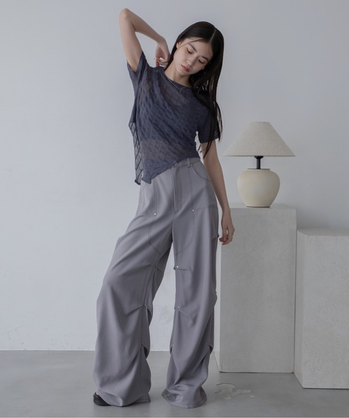 VACANCY（ヴァカンシー）の「フクレストライプシアートップス（Tシャツ/カットソー・レディース・ホワイト/チャコールグレー/ライトグリーン・FREE）」の4枚目の写真