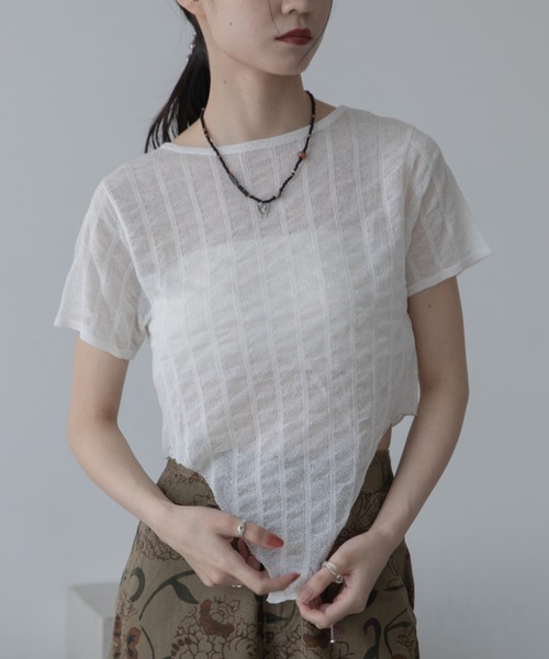VACANCY（ヴァカンシー）の「フクレストライプシアートップス（Tシャツ/カットソー・レディース・ホワイト/チャコールグレー/ライトグリーン・FREE）」の11枚目の写真