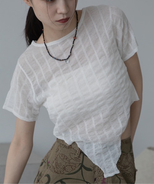 VACANCY（ヴァカンシー）の「フクレストライプシアートップス（Tシャツ/カットソー・レディース・ホワイト/チャコールグレー/ライトグリーン・FREE）」の10枚目の写真