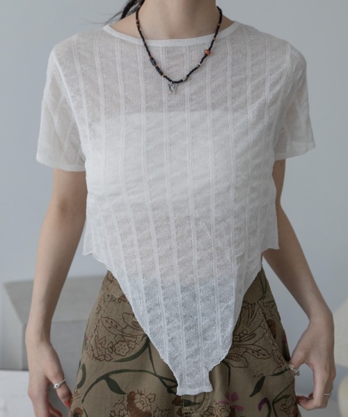 VACANCY（ヴァカンシー）の「フクレストライプシアートップス（Tシャツ/カットソー・レディース・ホワイト/チャコールグレー/ライトグリーン・FREE）」の9枚目の写真