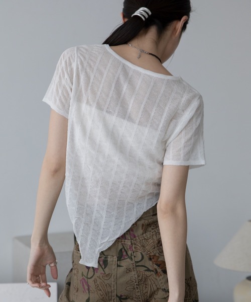 VACANCY（ヴァカンシー）の「フクレストライプシアートップス（Tシャツ/カットソー・レディース・ホワイト/チャコールグレー/ライトグリーン・FREE）」の8枚目の写真