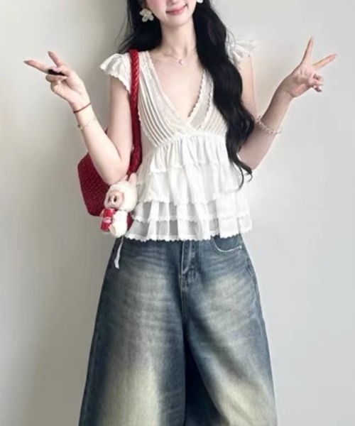 gossip!ロサンゼルス(ゴシップロサンゼルス)の「ロマンティックシアーVネックブラウス(シャツ/ブラウス・レディース・ホワイト/グレー/ブラック・FREE)」の7枚目の写真